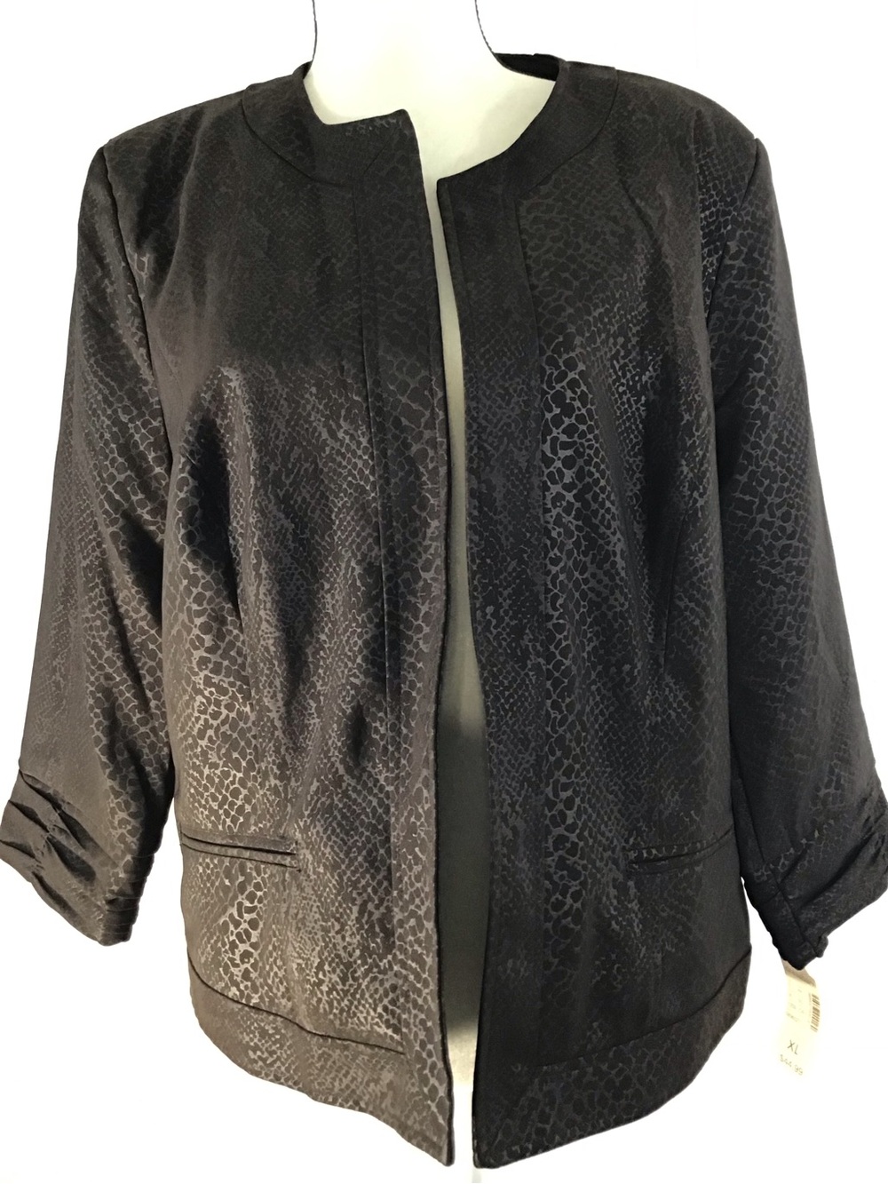 Dress Barn Chocolate Brown Crocodile Reptile Ruched 3/4 Sleeve Open Jacket XL
